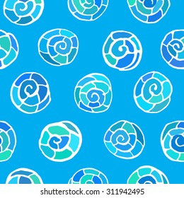 Seamless pattern with stylized cute colorful hand-drawn seashell on blue background. Vector illustration.