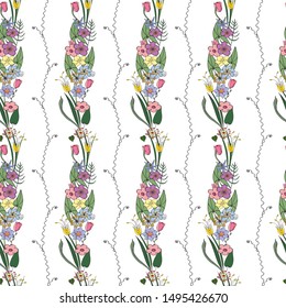 Seamless pattern with stylized cute flowers - roses, tulips and snowdrops. Endless texture for your design, greeting cards, announcements, posters.