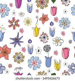 Seamless pattern with stylized cute flowers - roses, tulips and snowdrops. Endless texture for your design, greeting cards, announcements, posters.