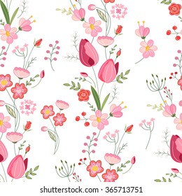 Seamless pattern with stylized cute flowers.  Endless texture for your design, greeting cards, announcements, posters.