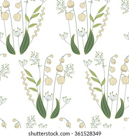 Seamless pattern with stylized cute lilies of the valley.  Endless texture for your design, greeting cards, announcements, posters.
