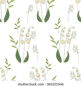Seamless pattern with stylized cute lilies of the valley.  Endless texture for your design, greeting cards, announcements, posters.