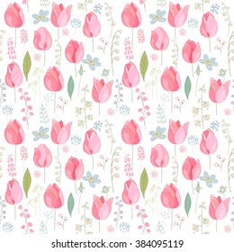 Seamless pattern with stylized cute pink tulips.  Endless texture for easter and spring design, greeting cards, fabrics, announcements, posters.