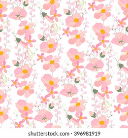 Seamless pattern with stylized cute pink flowers.  Endless texture for your design, greeting cards, announcements, posters.