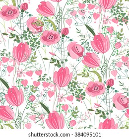 Seamless pattern with stylized cute red tulips.  Endless texture for easter and spring design, greeting cards, fabrics, announcements, posters.