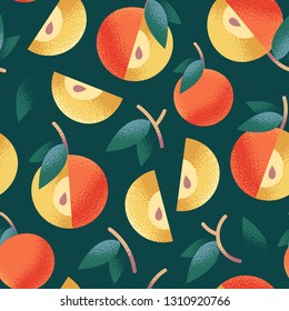 Seamless pattern of stylized, cute, ripe apples fruits, apples halfs, branches with leaves. On dark green background.