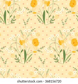 Patrón sin brillo con adorables daffodils amarillos estilizados.  Textura sin fin para tu diseño, tarjetas de felicitación, anuncios, afiches.