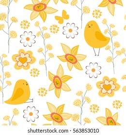 Seamless pattern with stylized cute yellow daffodils.  Endless texture for your design, greeting cards, announcements, posters.