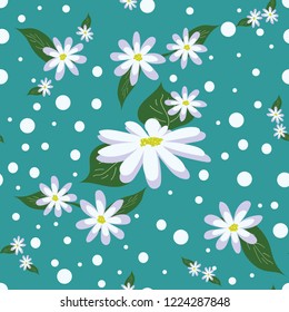 Seamless pattern of stylized daisies and green leaves, vector illustration