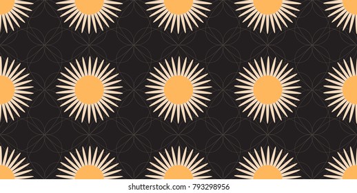 Seamless Pattern with Stylized Daisy Fowers and White Lines on Black Background