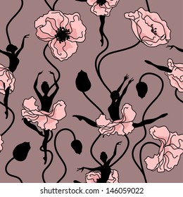 Seamless pattern of stylized dance of flowers and ballerinas