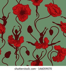 Seamless pattern of stylized dance of poppy flowers and ballerinas