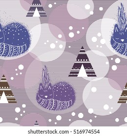 Seamless pattern with stylized decorative sleeping cat, teepee  and snow.