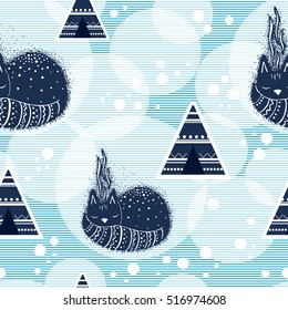 Seamless pattern with stylized decorative sleeping cat, teepee  and snow.