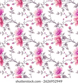 A seamless pattern of stylized, detailed flowers. The flowers are a mix of shades of pink and rose, with pale peachy pink centers. They are arranged on delicate, gray toned stems and branches.