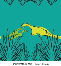 Seamless pattern with stylized dinosaurs on a blue background with plants. Texture for printing on fabric, design of baby products. 