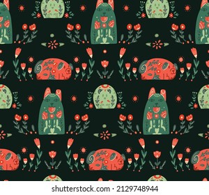 Seamless pattern with stylized dogs with folk ornaments and floral ornaments. Vector animalistic texture with various pet with a tribal boho decorations and polka dot on dark background