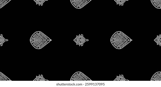 seamless pattern of stylized, dotted paisley shapes and diamond-like elements on a black background, for textile, wallpaper, gift wrapping.