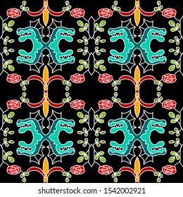 Seamless pattern with stylized dragon, rose, leaf and dagger on black background. Fairytale design