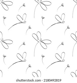 A seamless pattern of stylized dragonflies, hand-drawn doodles. Single line drawing. Black and white image. Dragonfly and flowers. Insect. Summer.