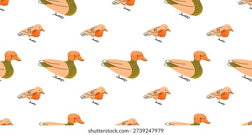 Seamless pattern with stylized ducks and small birds arranged on a light background. The main focus is warm colored wildlife in side profile. The design creates a calm natural decorative rhythm.