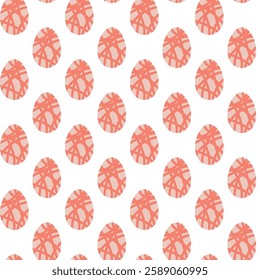 Seamless Pattern of Stylized Eggs with Red Stripe Designs on White Background. Stylish seamless pattern featuring artistic red stripe-decorated eggs against a white background. Great for creative 