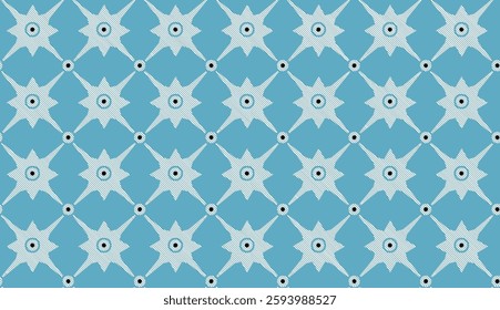 A seamless pattern of stylized eight-pointed stars and small circles on a blue background, ideal for wallpaper, textile, gift wrapping.