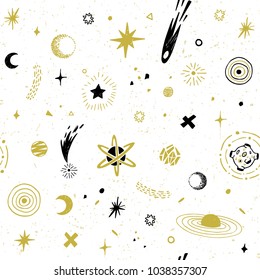 Seamless pattern with stylized elements of cosmic sky. Cosmic print that can be used in textiles, wrapping paper, postcards