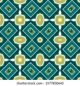 Seamless pattern with stylized elements placed symmetrically in blue and beige colors. Vector illustration