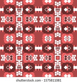 Seamless pattern with stylized ethnic ornament. Composition of geometric elements. Burgundy palette. Vector illustration