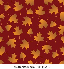 A seamless pattern of stylized fall leaves and acorns on red.