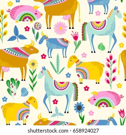 Seamless pattern with stylized farm animals and flowers on a yellow background. Vector background with horse, sheep, goat, pig and cow.