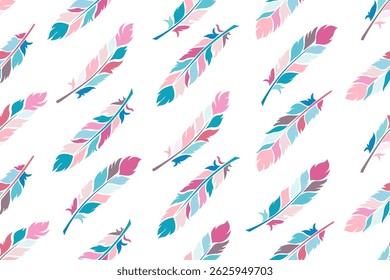 Seamless pattern of stylized feathers in various color mix of pink, teal, blue, and gray hues on white background, suitable for fabrics, wallpaper, or other decorative application. 