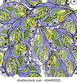 Seamless pattern of stylized feathers. Vintage seamless ornament violet and yellow. Decorative ornament backdrop for fabric, textile, wrapping paper.