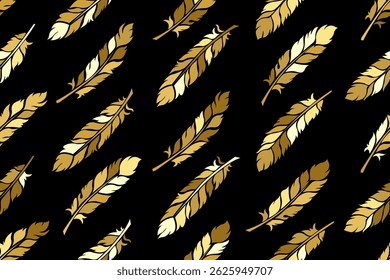 Seamless pattern of stylized feathers in yellow and brown color palette on black background, suitable for fabrics, wallpaper, or other decorative application. 