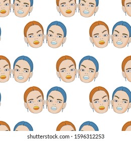 Seamless pattern with stylized female faces in orange and blue. Handwritten vector illustration.