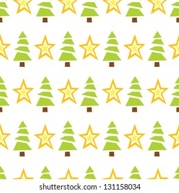 A seamless pattern of stylized fir trees and bright colored stars.