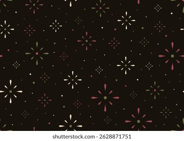 seamless pattern with stylized firework bursts. Festive dark background with traditional folk or Scandinavian ornaments for textile prints, wrapping paper, or web design. 