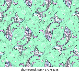 Seamless Pattern with Stylized Fishes and Bubbles in Soft Pastel Colors.