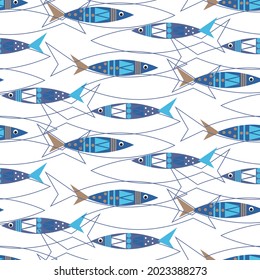 Seamless pattern with stylized fishes. Childrens marine print. Bright print for use in textiles, covers and prints, baby products, packaging, menus and flyers, shops. Vector illustration.