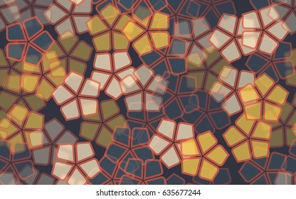 Seamless pattern of stylized five-petal flowers with stroke. Orange-brown, beige, yellow, green-blue.