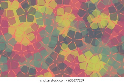 Seamless pattern of stylized five-petal flowers. Yellow-green, pink, gray, blue.