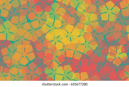 Seamless pattern of stylized five-petal flowers. Yellow, orange, red, blue-green.