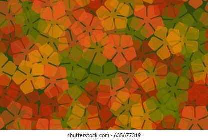 Seamless pattern of stylized five-petal flowers. Orange, red, green.