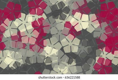 Seamless pattern of stylized five-petal flowers. Gray tones, red-purple.