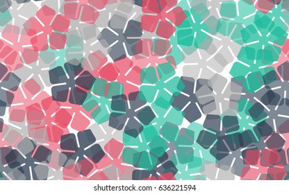 Seamless pattern of stylized five-petal flowers. White, gray, pink, green.