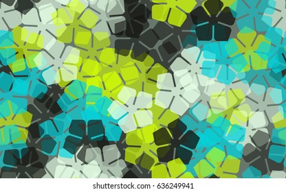 Seamless pattern of stylized five-petal flowers. Green-yellow, blue, white, gray.