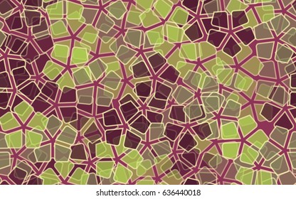 Seamless pattern of stylized five-petal flowers with stroke. Red-purple tones, green-khaki tones, beige.