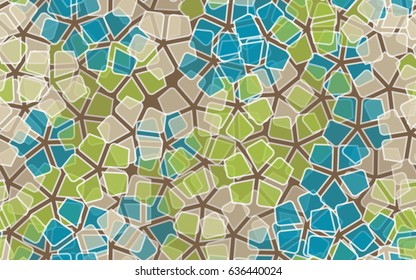 Seamless pattern of stylized five-petal flowers with stroke. Green, blue, beige, white.