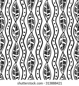 Seamless pattern with stylized flat ornamental leaves. Ethnographic style. Black and white